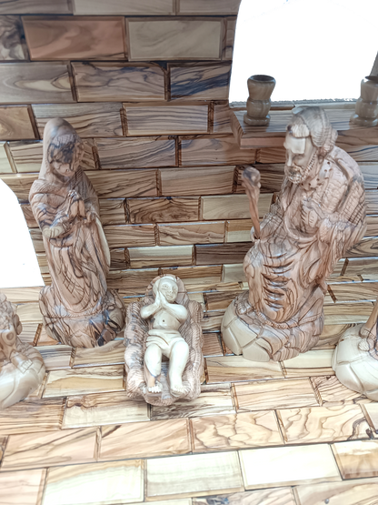 Luxury Olive Wood Nativity Set from Bethlehem with Hand-Carved Stable and 17 Figurines (17.7 Inches Approximate)