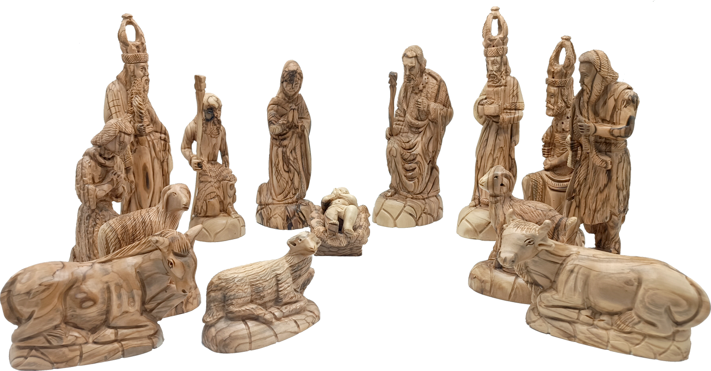 Luxury Olive Wood Nativity Set from Bethlehem with Hand-Carved Stable and 17 Figurines (17.7 Inches Approximate)
