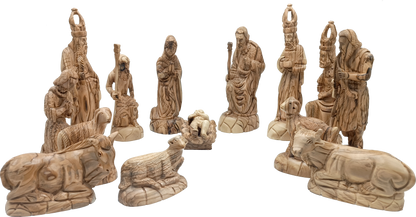 Luxury Olive Wood Nativity Set from Bethlehem with Hand-Carved Stable and 17 Figurines (17.7 Inches Approximate)