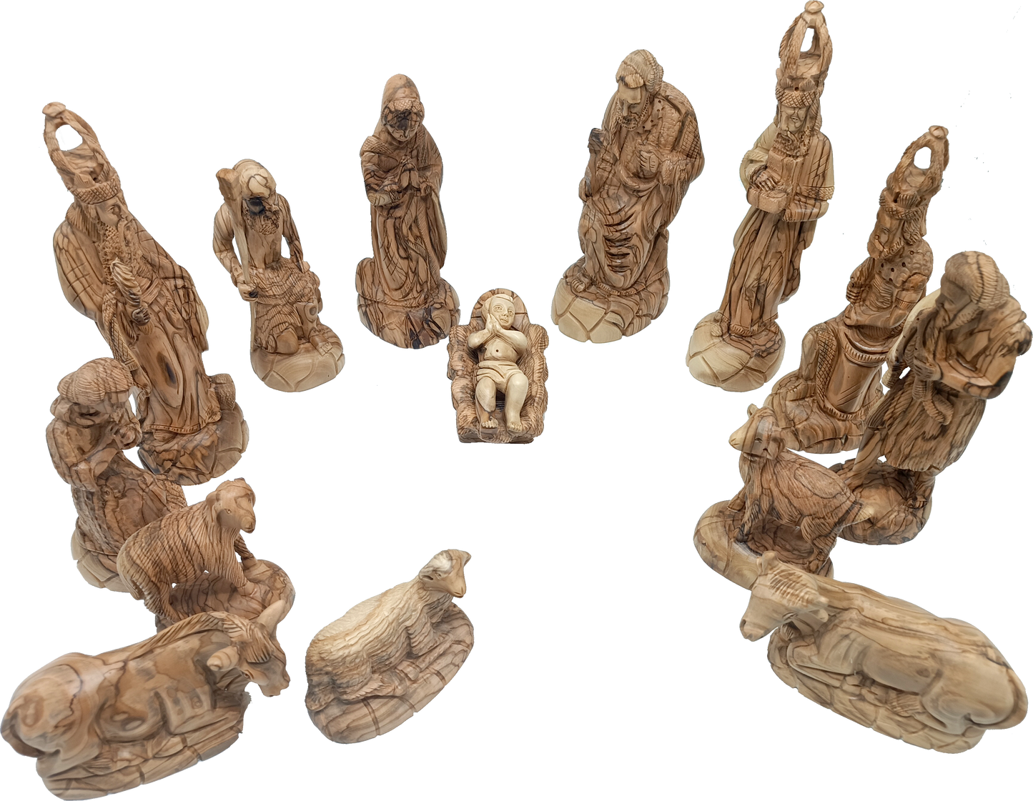 Luxury Olive Wood Nativity Set from Bethlehem with Hand-Carved Stable and 17 Figurines (17.7 Inches Approximate)