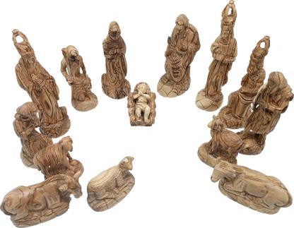 Luxury Olive Wood Nativity Set from Bethlehem with Hand-Carved Stable and 17 Figurines (17.7 Inches Approximate)