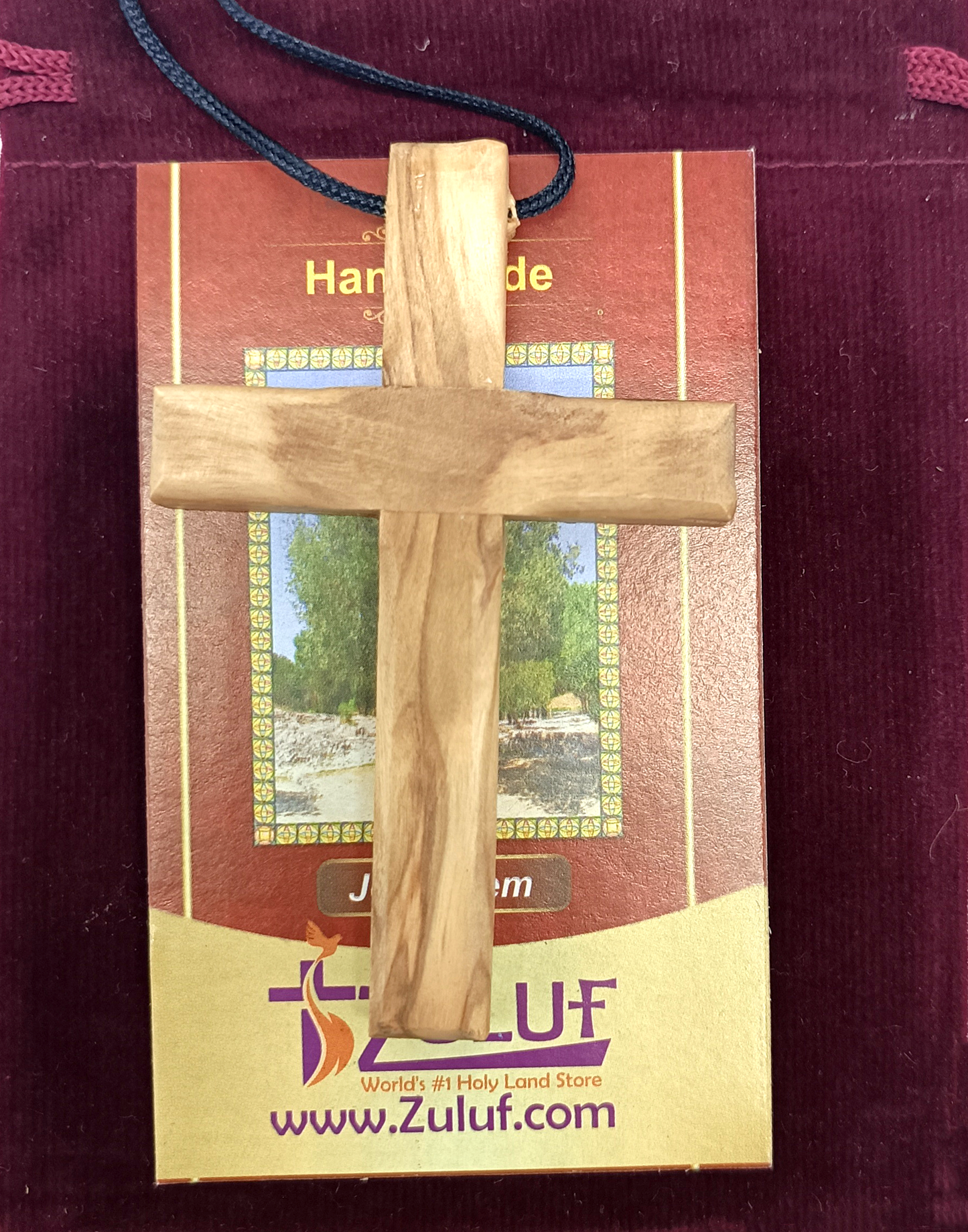 Handmade Olive Wood Cross Pendant Necklace for All Ages - Close Up View