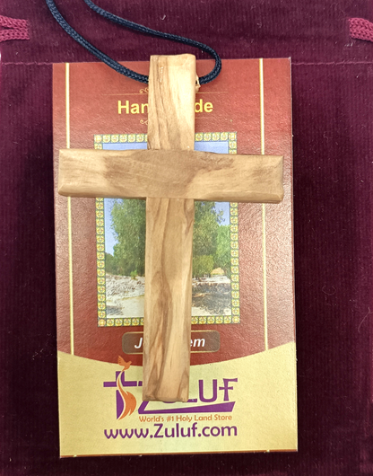 Handmade Olive Wood Cross Pendant Necklace for All Ages - Close Up View
