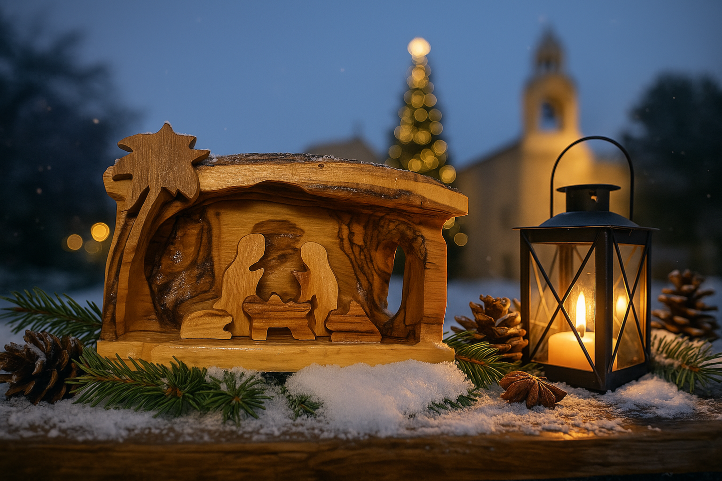 Hand Carved Olive Wood Nativity Scene from Bethlehem - Rustic Holy Family in Natural Bark Grotto