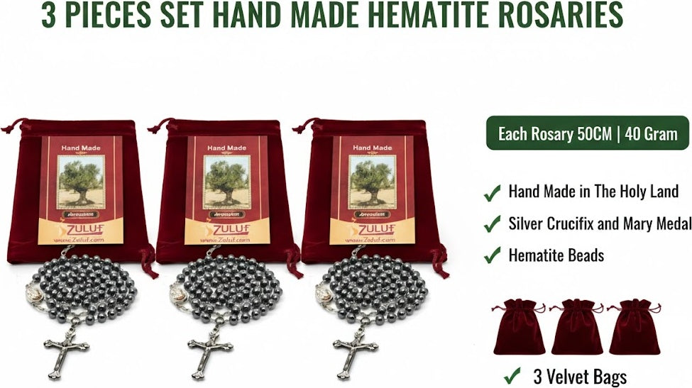 Set of 3 Hematite Rosary Beads Handmade in Jerusalem – Catholic Rosary with Silver-Tone Crucifix – 19.7” Prayer Rosary – Includes Velvet Bags & Certificates – Holy Land Gift