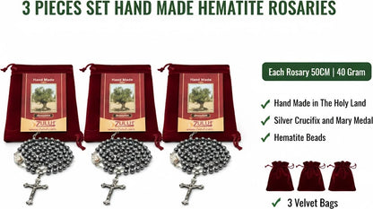 Set of 3 Hematite Rosary Beads Handmade in Jerusalem – Catholic Rosary with Silver-Tone Crucifix – 19.7” Prayer Rosary – Includes Velvet Bags & Certificates – Holy Land Gift