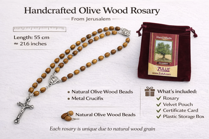 Olive Wood Rosary Handmade in Bethlehem – 21.6” Catholic Rosary with Metal Crucifix – Includes Velvet Bag, Plastic Gift Box & Certificate – Available in 1, 3 or 6 Pieces