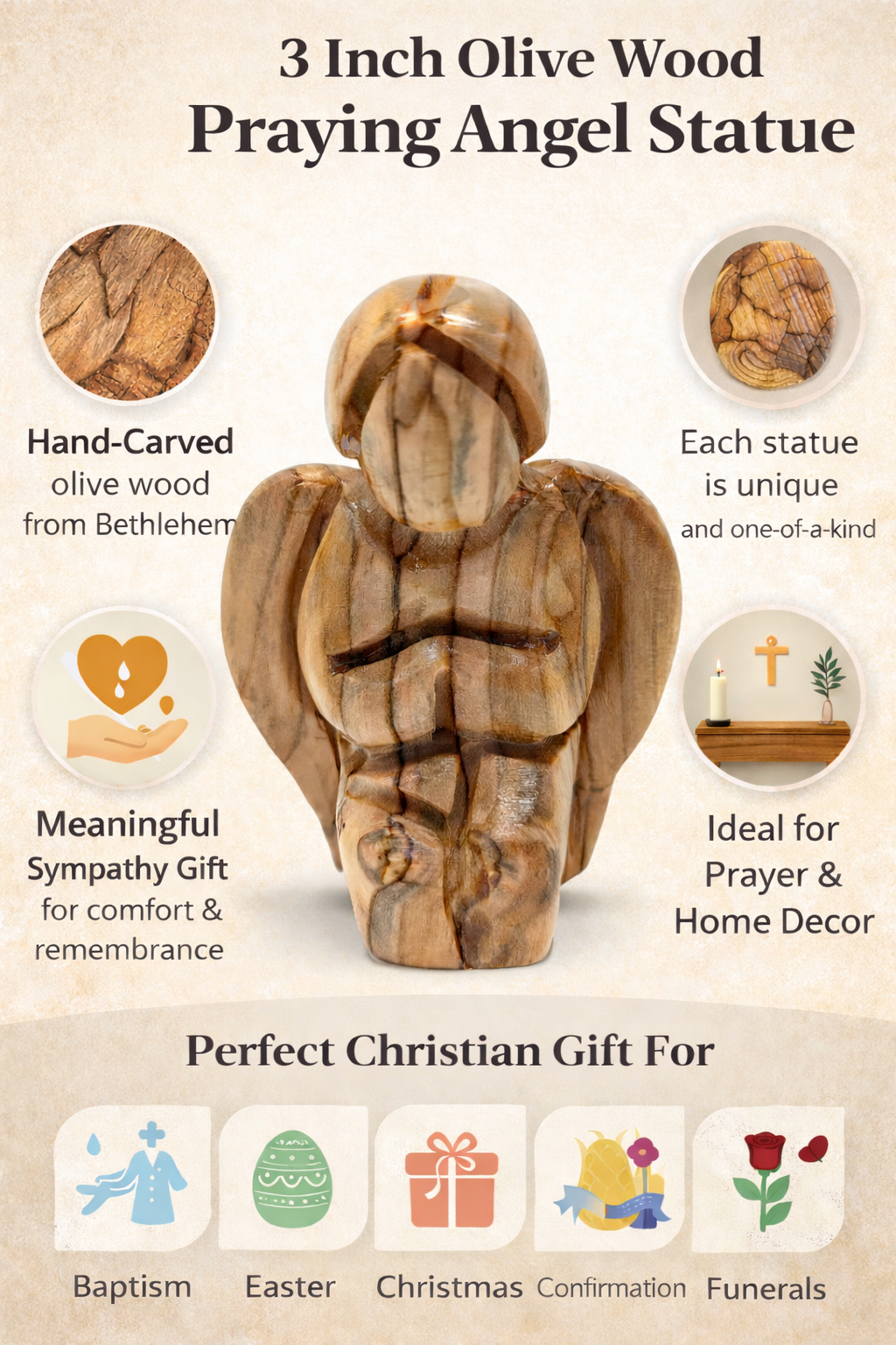 Mini Olive Wood Praying Angel Hand Carved in Bethlehem - Additional View 8