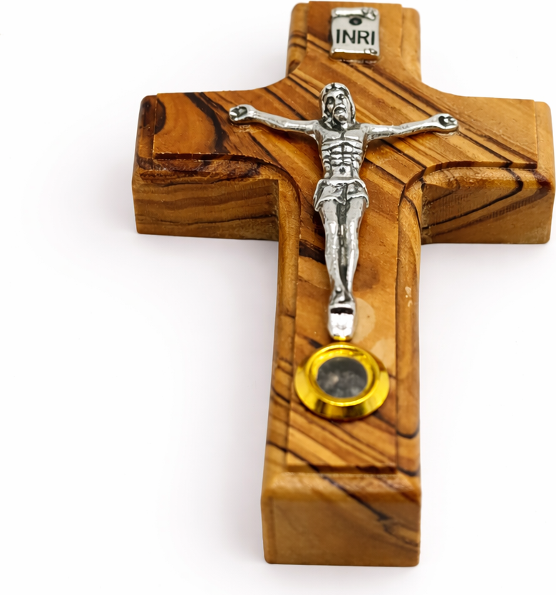 Olive Wood Wall Crucifix with INRI and Holy Land Relic from Bethlehem 3.6 Inches