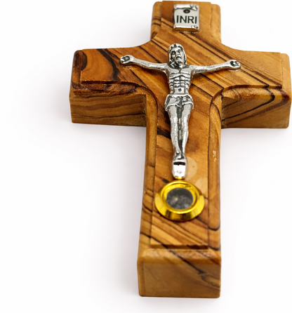 Olive Wood Wall Crucifix with INRI and Holy Land Relic from Bethlehem 3.6 Inches