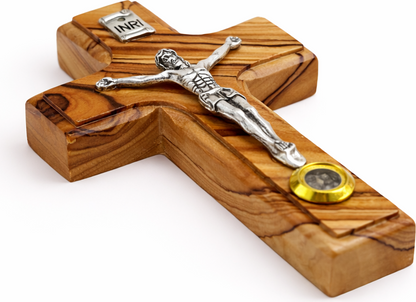 Olive Wood Wall Crucifix with INRI and Holy Land Relic from Bethlehem 3.6 Inches