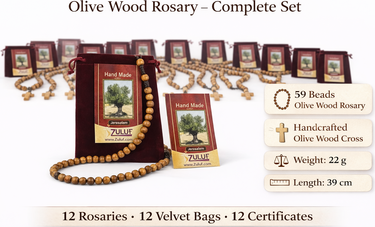 Set of 12 Olive Wood Rosaries Handmade in Bethlehem – 15.3” Catholic Wooden Rosary with Cross – Includes 12 Velvet Bags & 12 Certificates – Holy Land Bulk Gift Set
