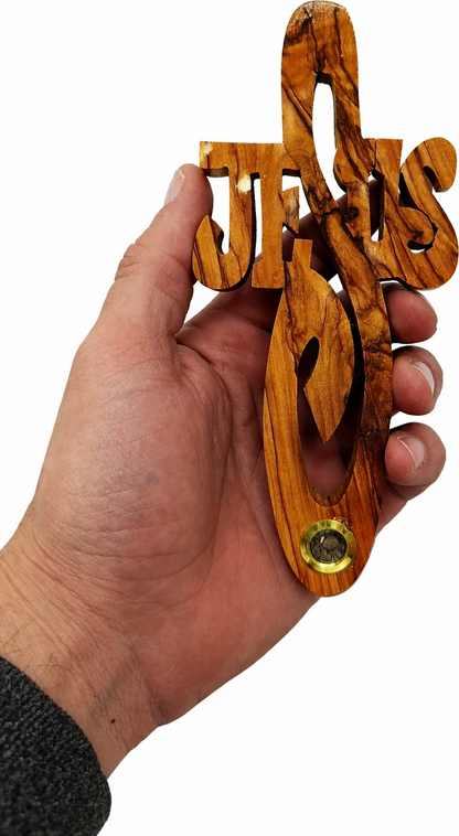 Handmade Olive Wood Jesus Cross from Bethlehem with Bethlehem Soil – Christian Wall Cross – 7" (18 cm)
