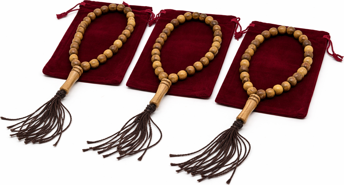 Olive Wood Prayer Beads 25 cm with Tassel, Handmade Wooden Worry Beads with Velvet Pouch, Smooth Round Beads for Prayer, Meditation & Daily Carry
