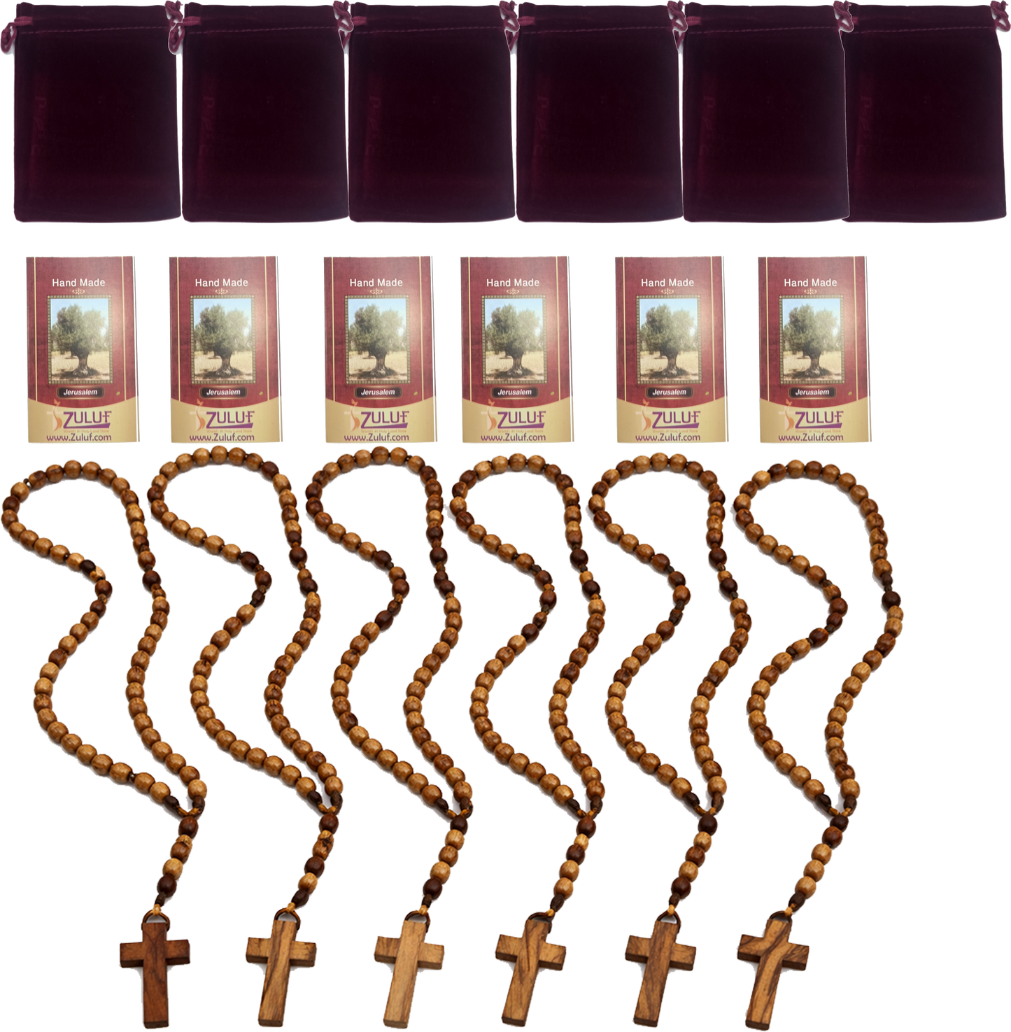 Set of 3 Olive Wood Rosary Beads Handmade in Bethlehem – Catholic Wooden Rosary with Cross – Includes 3 Velvet Bags & 3 Certificates – Holy Land Christian Gift