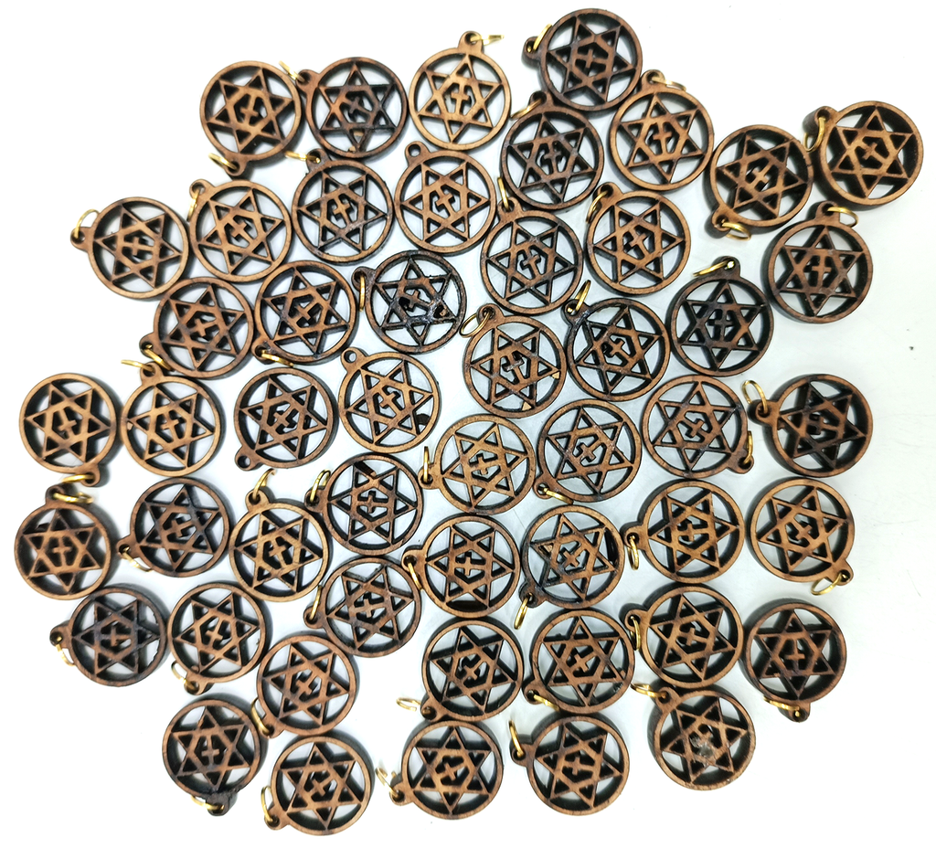 Bulk Set of 50 Olive Wood Star of David with Cross Charms – Sacred Symbol of Faith & Heritage