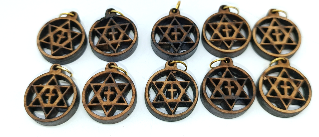 Olive Wood Star of David with Cross Charms – Set of 10 – Symbol of Faith & Unity