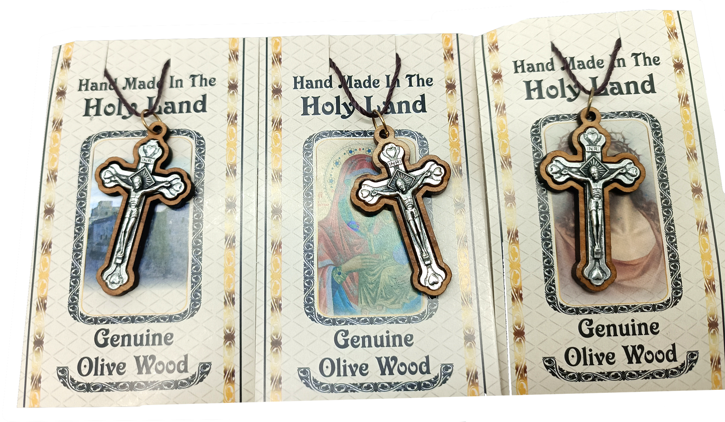 Handcrafted Olive Wood Crucifix Necklace Set - Detail View
