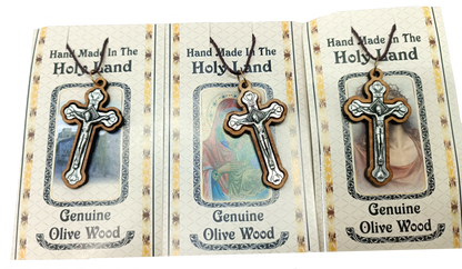 Handcrafted Olive Wood Crucifix Necklace Set - Detail View