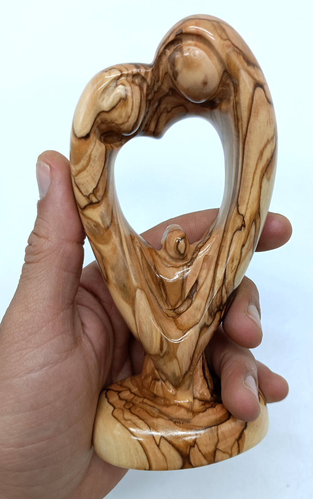 Hand-Carved Olive Wood Holy Family Heart Sculpture – Elegant Nativity Art from the Holy Land 5.8"