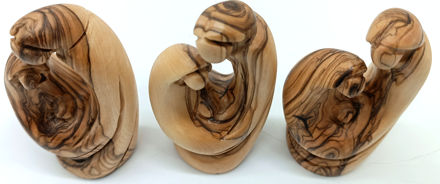 Abstract Olive Wood Holy Family Set of 3 Sculptures Handcrafted in Bethlehem 3.8 Inch