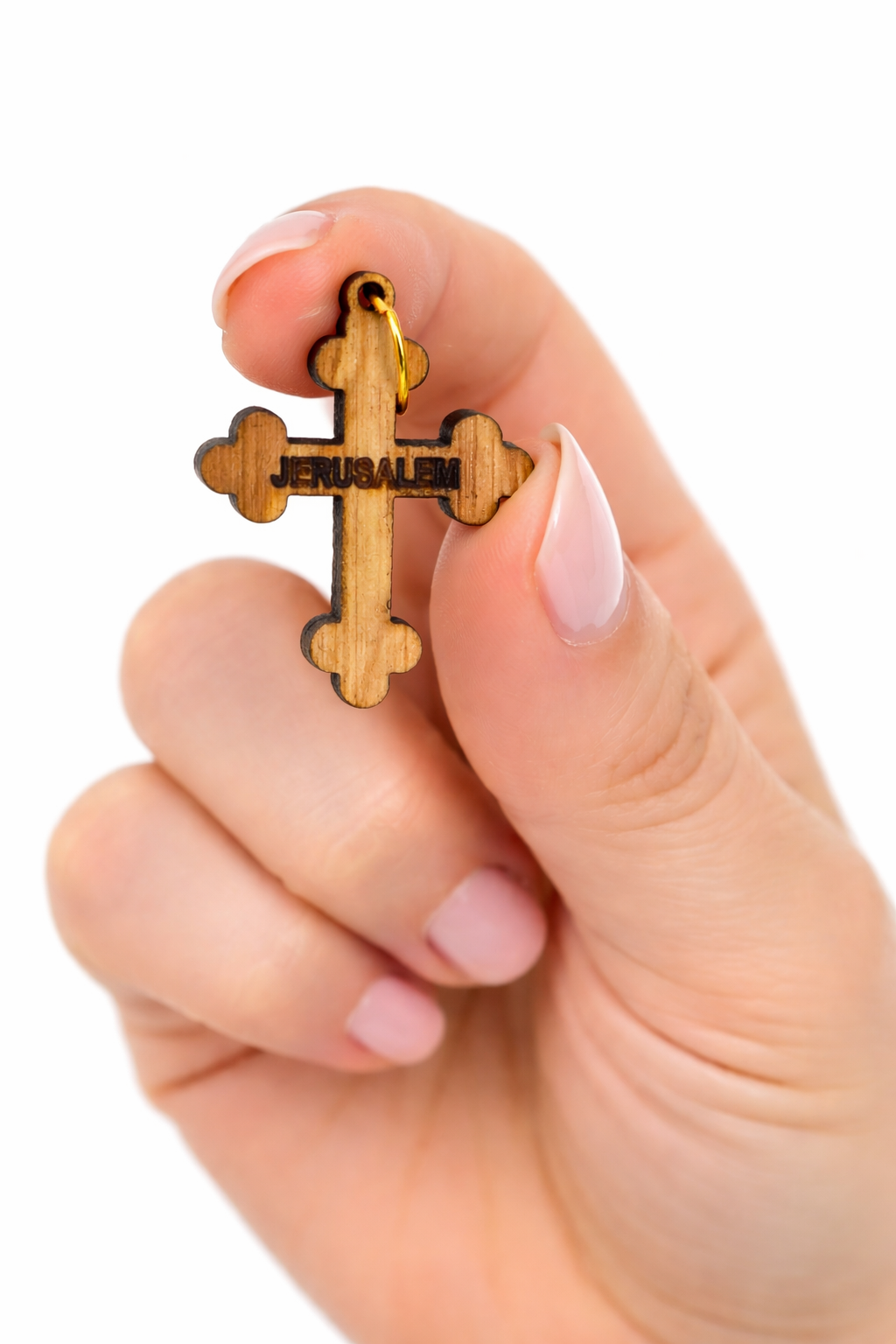 Engraved Jerusalem Wooden Cross Pendant – 1.25" x 0.98" Trefoil Faith Charm with Holy - Additional View 3