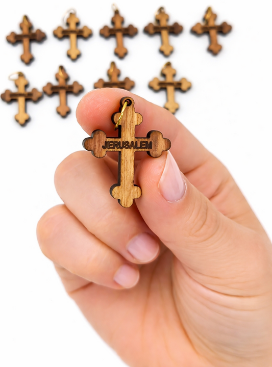 Engraved Jerusalem Wooden Cross Pendant – 1.25" x 0.98" Trefoil Faith Charm with Holy - Handmade in Bethlehem | Zuluf