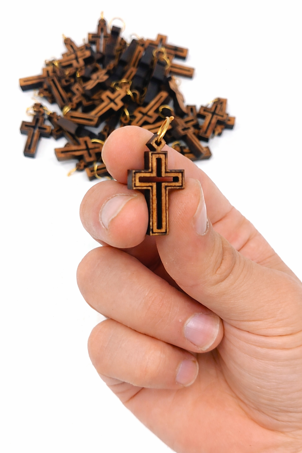 Double-Lined Laser-Cut Wooden Cross Pendant – 1.14" x 0.62" Elegant Faith Charm - Additional View 11