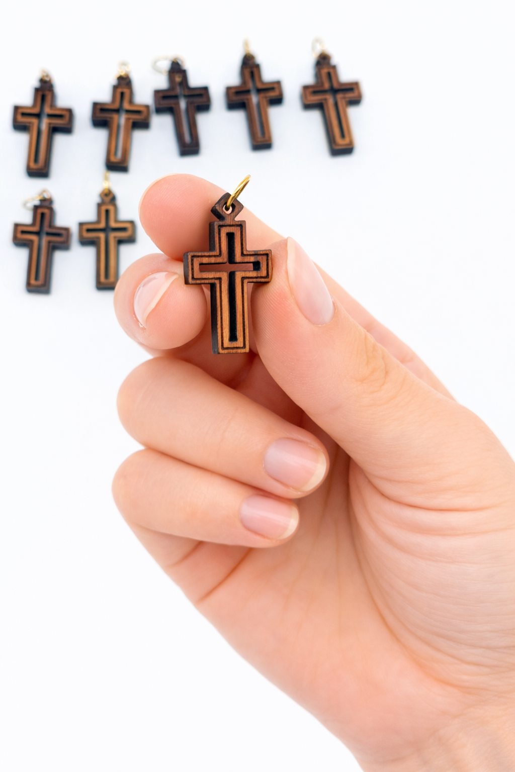 Double-Lined Laser-Cut Wooden Cross Pendant – 1.14" x 0.62" Elegant Faith Charm - Additional View 3