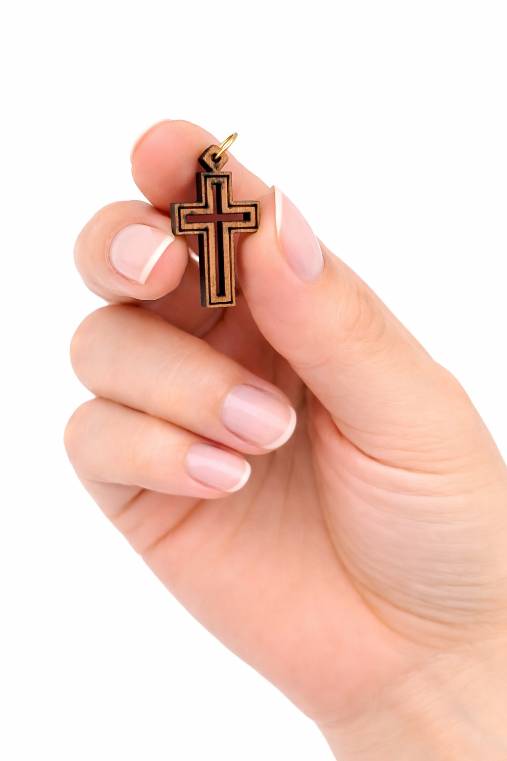 Double-Lined Laser-Cut Wooden Cross Pendant – 1.14" x 0.62" Elegant Faith Charm - Additional View 4