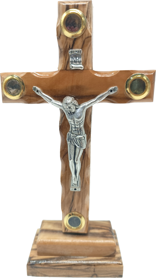 Standing Olive Wood Crucifix with Holy Relic Medallions from Bethlehem - Handmade in Bethlehem | Zuluf
