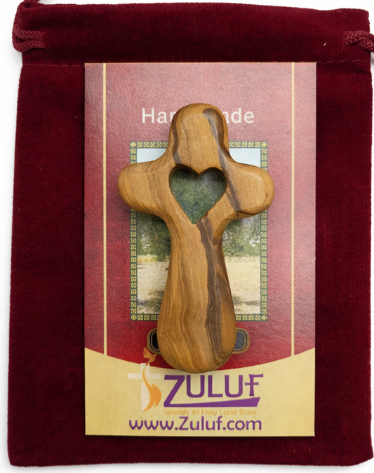 Handmade Olive Wood Cross with Heart Cutout from Bethlehem Holy Land, Small Christian - Handmade in Bethlehem | Zuluf