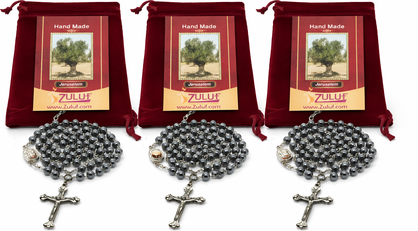 Set of 3 Hematite Rosary Beads Handmade in Jerusalem – Catholic Rosary with Silver-Tone Crucifix – 19.7” Prayer Rosary – Includes Velvet Bags & Certificates – Holy Land Gift