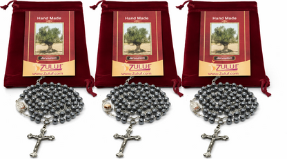 Set of 3 Hematite Rosary Beads Handmade in Jerusalem – Catholic Rosary with Silver-Tone Crucifix – 19.7” Prayer Rosary – Includes Velvet Bags & Certificates – Holy Land Gift