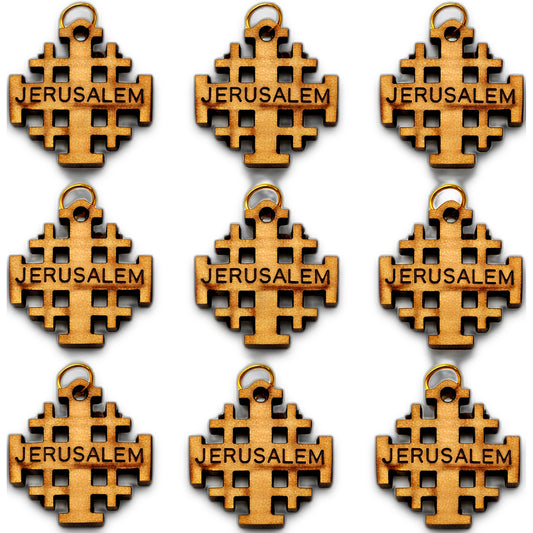 Jerusalem Cross Wooden Charm Pendant – 0.8" x 0.8" Compact Laser-Cut Religious Keepsake - Handmade in Bethlehem | Zuluf