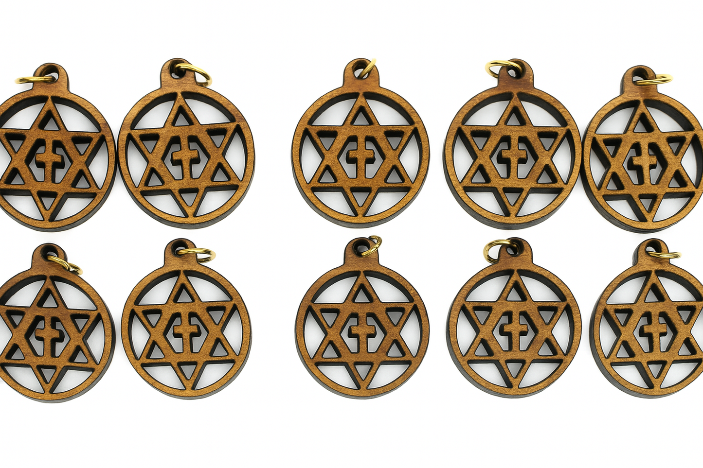 Olive Wood Star of David with Cross Charms Faith Unity Set - Close Up View