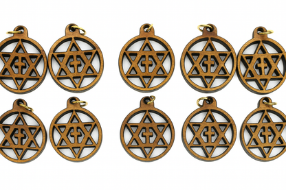 Olive Wood Star of David with Cross Charms Faith Unity Set - Close Up View