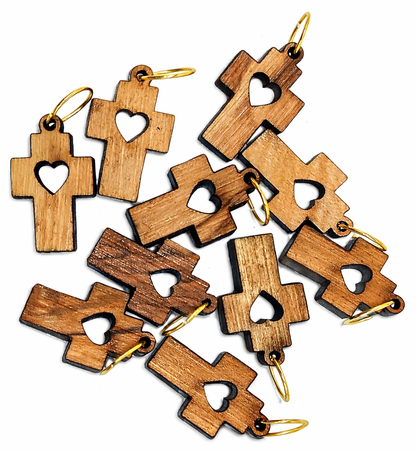 Heart Cutout Wooden Cross Charm – 0.98" x 0.59" Love & Faith Pendant with Natural Finish - Close Up View