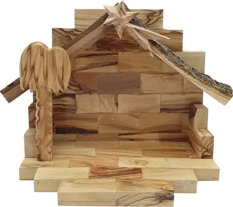 Hand-Carved Olive Wood Nativity Set with Stable from Bethlehem