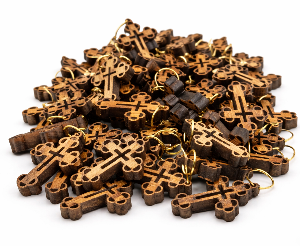 Elegant Wooden Cross Charm Pendant – 1.1" x 0.7" Intricate Laser-Cut Religious Accessory - Side View