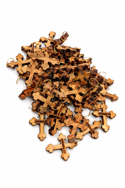 Engraved Jerusalem Wooden Cross Pendant – 1.25" x 0.98" Trefoil Faith Charm with Holy - Additional View 6