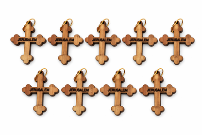 Engraved Jerusalem Wooden Cross Pendant – 1.25" x 0.98" Trefoil Faith Charm with Holy - Detail View
