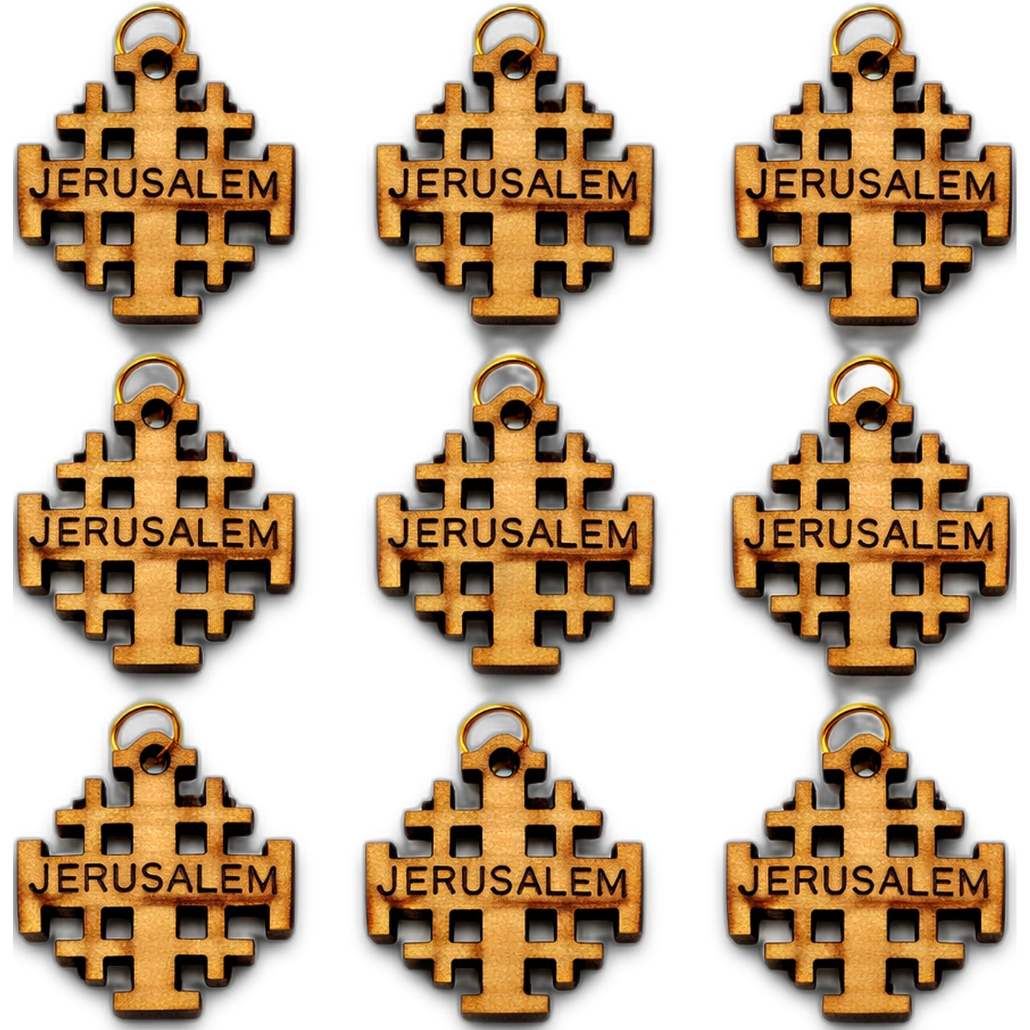 Jerusalem Cross Wooden Charm Pendant – 0.8" x 0.8" Compact Laser-Cut Religious Keepsake - Close Up View