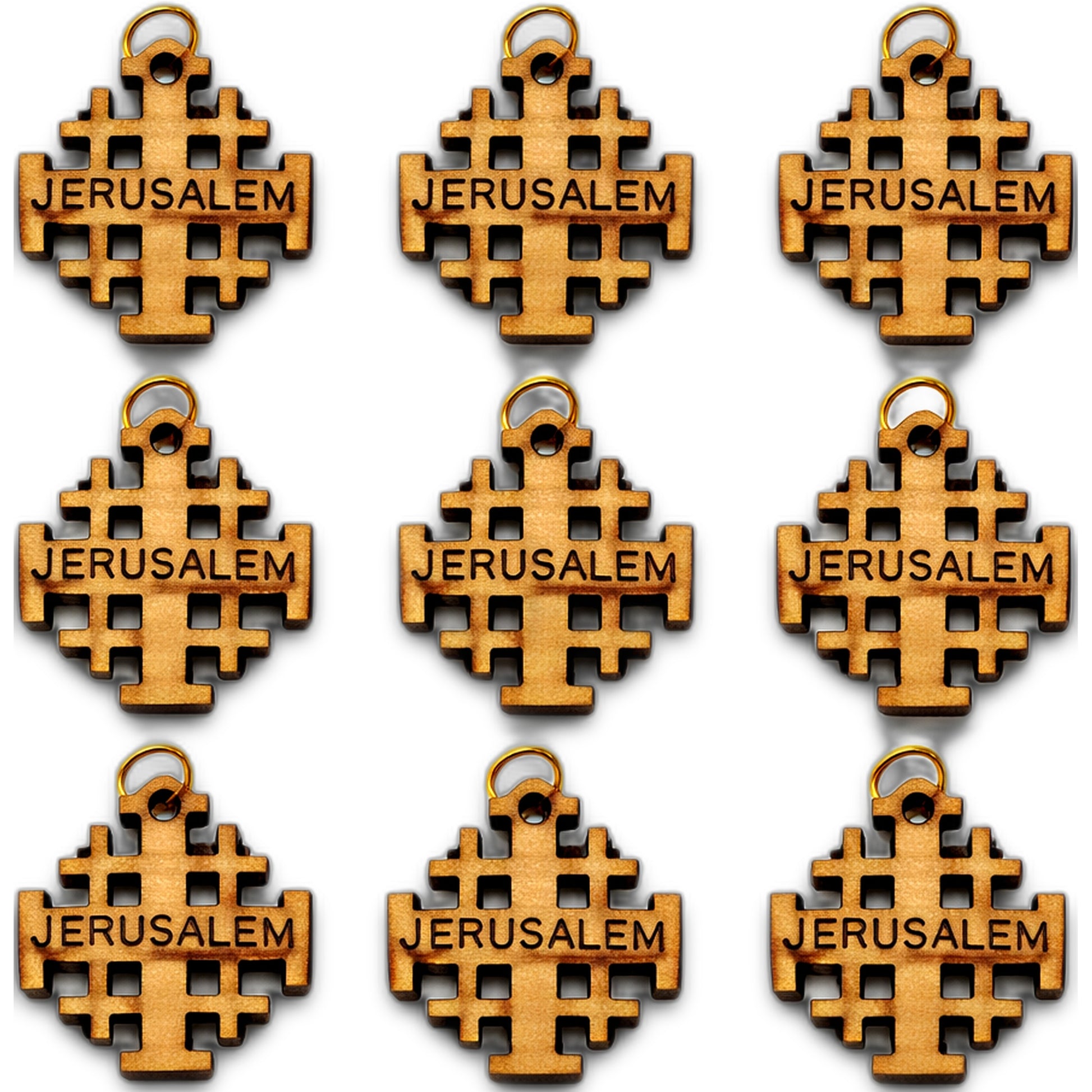 Jerusalem Cross Wooden Charm Pendant – 0.8" x 0.8" Compact Laser-Cut Religious Keepsake - Close Up View