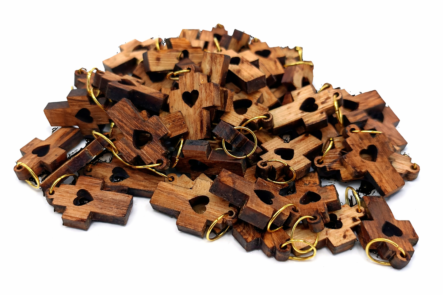 Heart Cutout Wooden Cross Charm – 0.98" x 0.59" Love & Faith Pendant with Natural Finish - Detail View