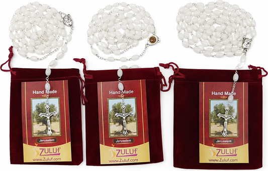 Set of 3 Mother of Pearl Rosaries Handmade in Jerusalem – 23.6” Catholic Rosary with Silver Crucifix – Wedding & Baptism Gift – Includes Velvet Bags & Certificates