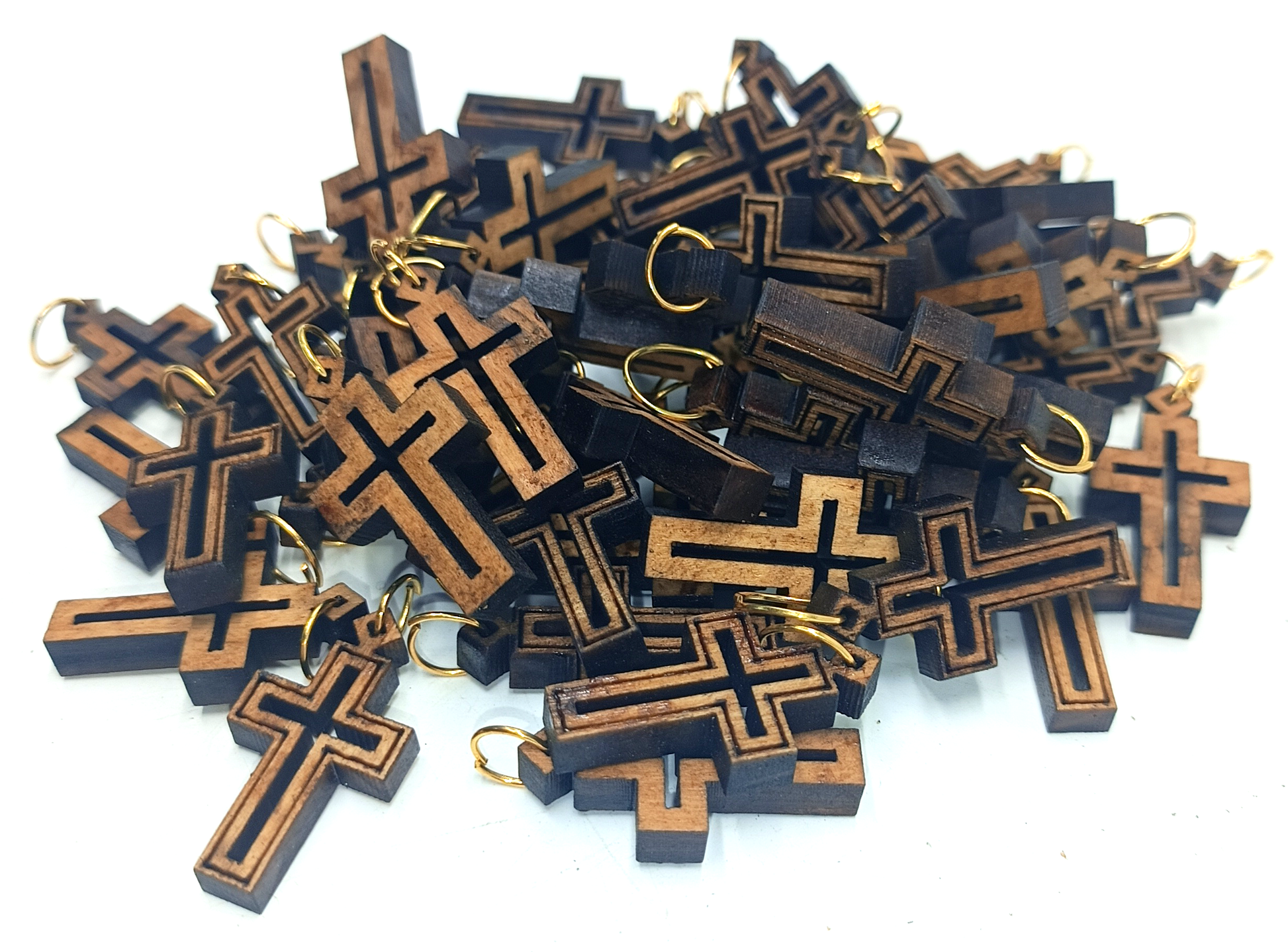 Double-Lined Laser-Cut Wooden Cross Pendant – 1.14" x 0.62" Elegant Faith Charm - Close Up View