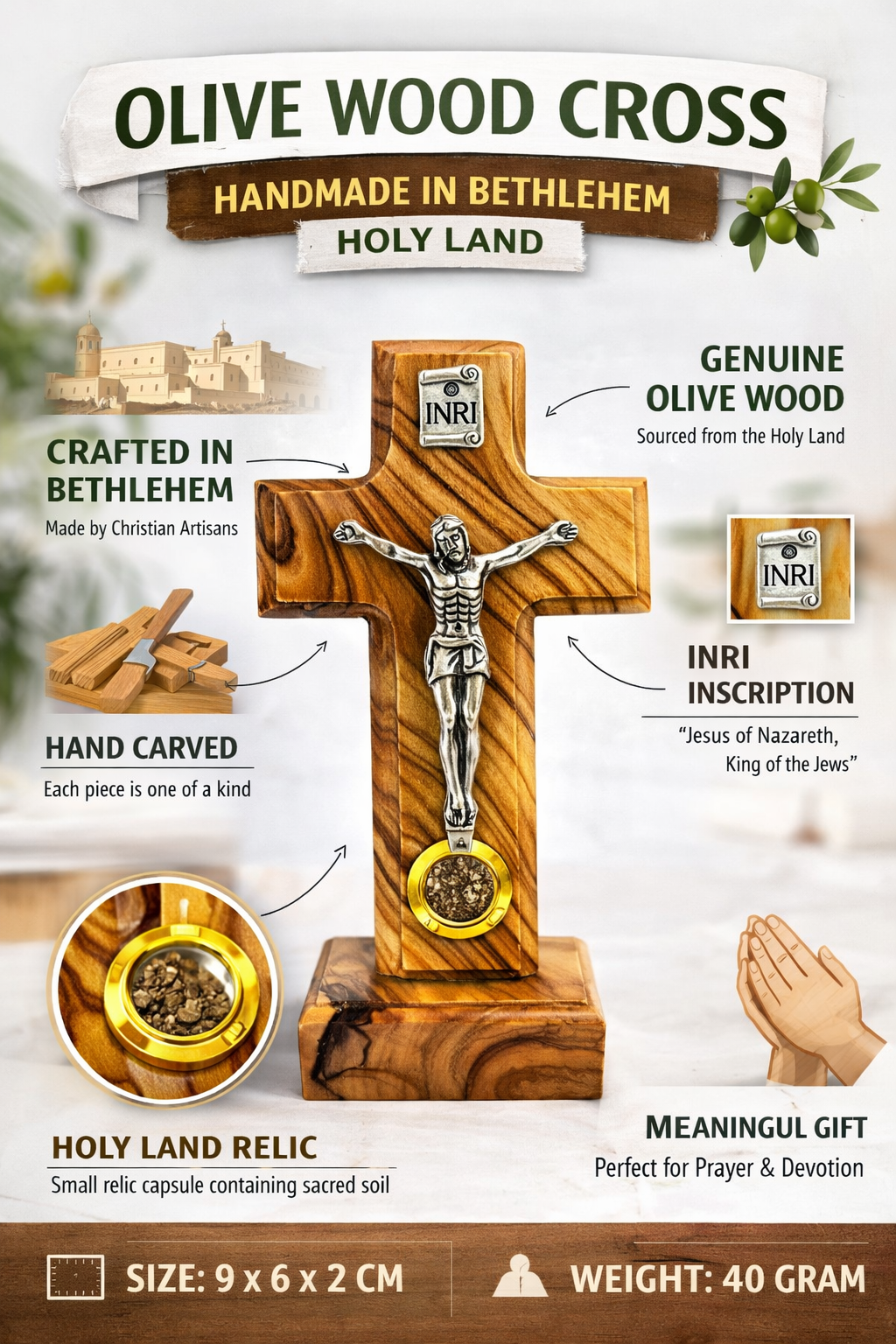 Handmade Olive Wood Crucifix from Bethlehem with Holy Land Relic – INRI Cross with Metal Corpus – Christian Gift (9x6 cm) 4.3 Inches