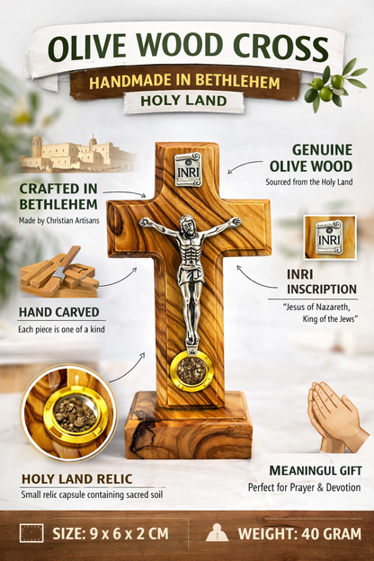 Handmade Olive Wood Crucifix from Bethlehem with Holy Land Relic – INRI Cross with Metal Corpus – Christian Gift (9x6 cm) 4.3 Inches