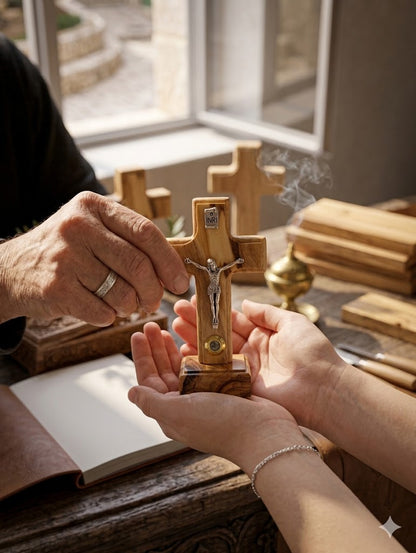 Handmade Olive Wood Crucifix from Bethlehem with Holy Land Relic – INRI Cross with Metal Corpus – Christian Gift (9x6 cm) 4.3 Inches
